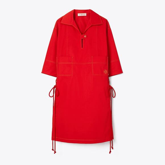 Tory Burch NWT Royal Red Heart Logo Side Lace Up Tie Poplin Shirtdress Dress